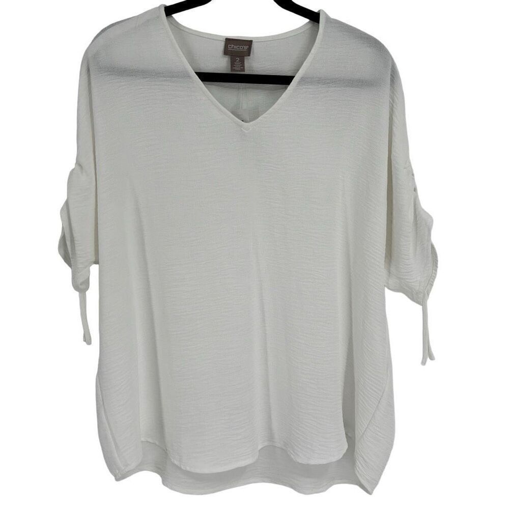Chico’s Solid Texture Rouched Elbow 3/4 Sleeve Tunic Top Alabaster White Large N